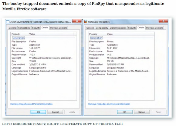 En la página 108 del informe de Citizen Lab se presenta una captura de pantalla, donde se compara una versión auténtica de Firefox, con la suplantación hecha por Gamma International.