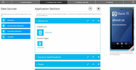 App Studio incluye 13 plantillas de aplicaciones estándar. Así es posible, por ejemplo, crear apps sobre la empresa, pasatiempos, deportes, etc.