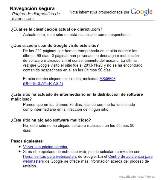 Diario TI es un sitio seguro según Google Safebrowsing.