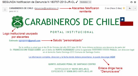 Utilizan supuesta denuncia de Carabineros de Chile para propagar malware