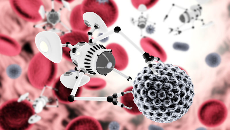 Ilustración creativa donde un nanorobot ataca un virus.