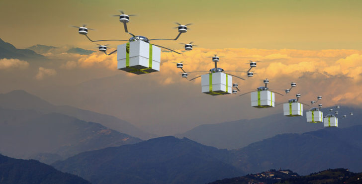 Seis drones surcan el espacio llevando sendos paquetes