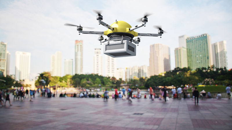 Imagen 3D futurista de dron vehículo aéreo no tripulado para entrega en ciudades
