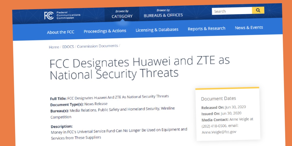 Estados Unidos designa a Huawei y a ZTE como amenazas a la seguridad nacional